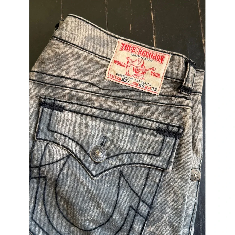 True Religion Joey Mens Gray Acid Wash Black Triple Stitch Jeans Size 40x33 USA
